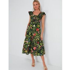 Tuckernuck Black Floral Midi Dress with Smocking, Size Small, EUC